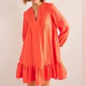 Boden Linen Ruffle Hem Tiered Mini Dress Watermelon Punch Pink Coral Size 4 Boho